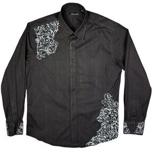 Men’s XL 7 Diamonds‎ Y2K Era Black Long Sleeve Button-up Shirt With Accent Print